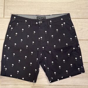 Denim & Flower Black Shorts with White Geometric Trim and Orange Piping